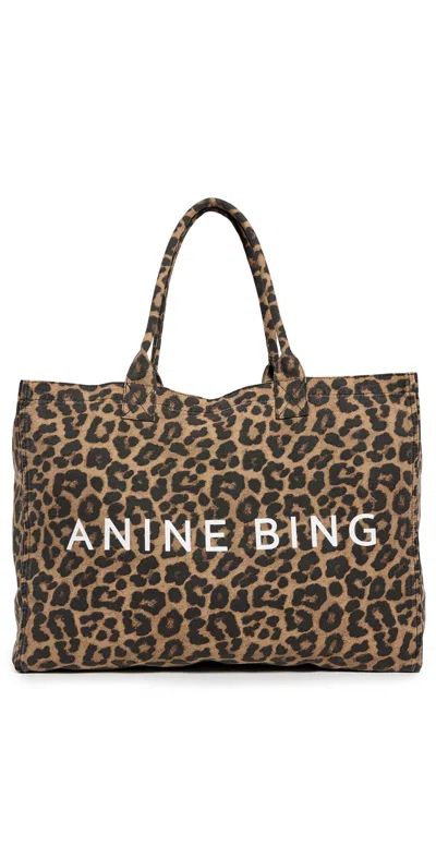Anine Bing Leo Canvas Tote Black And Brown Leopard