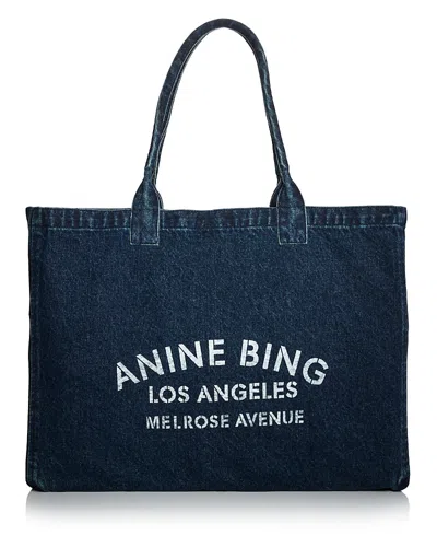 Anine Bing Leo Large Logo Denim Tote Bag In Blue