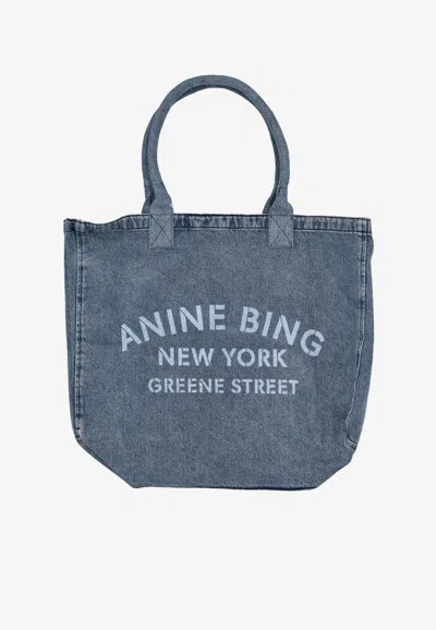 Anine Bing Leo Printed Logo Tote Bag In Blue
