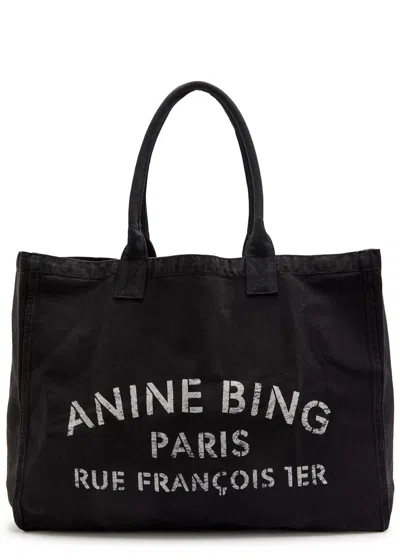 Anine Bing Leo Washed-logo Canvas Tote Bag In Black