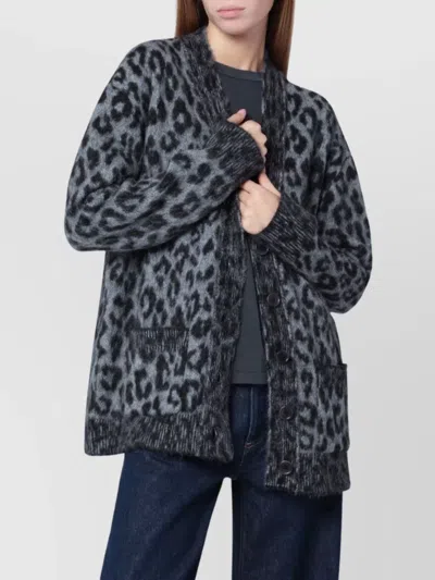 Anine Bing Leopard Print Cardigan Featuring Front Pockets In Black