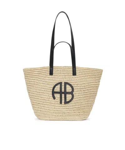 Anine Bing Logo-patch Interwoven Beach Bag In Nude