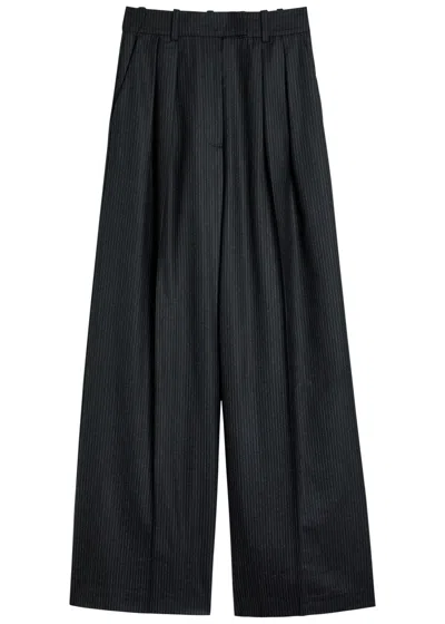 Anine Bing Lou Pinstriped Wide-leg Trousers In Black