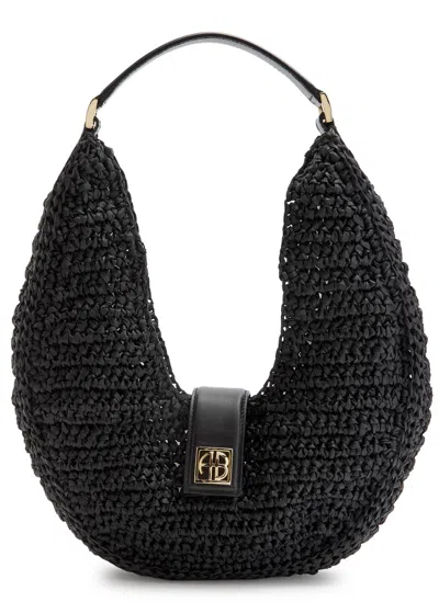 Anine Bing Lou Raffia Crescent Shoulder Bag In Black