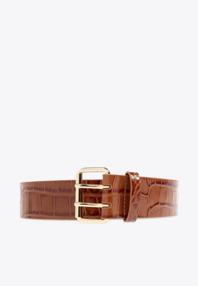 Anine Bing Mila Croc-embossed Leather Belt In Brown
