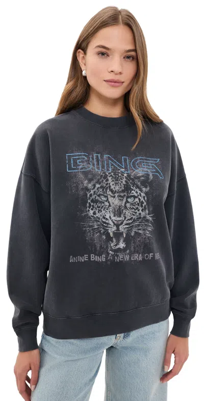 Anine Bing Miles Leopard Muse Sweatshirt Washed Black In Blue