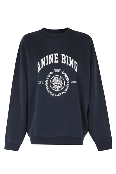 Anine Bing Navy Blue Miles Sweatshirt Collegiate Printed Cotton Sweatshirt