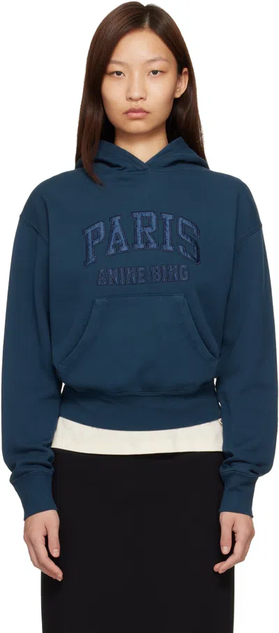Anine Bing Navy Debbie Shrunken 'paris' Hoodie In Blue