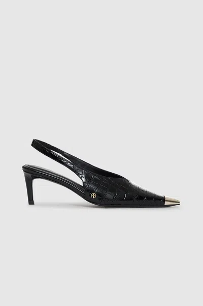 Anine Bing Nina Heels With Metal Toe Cap Slingbacks Black In Black Embossed