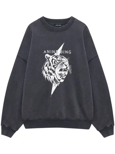 Anine Bing Relaxed Fit Black Sweatshirt With Roaring Tiger Graphic In Blue