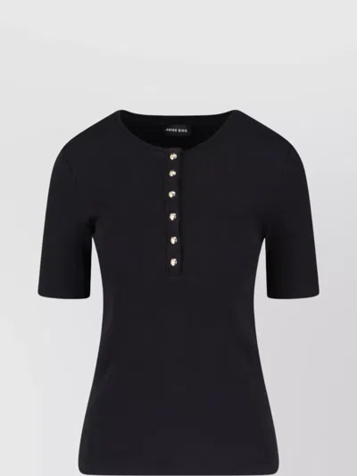 Anine Bing Ribbed Texture Round Neck Button Detailing Top In Black