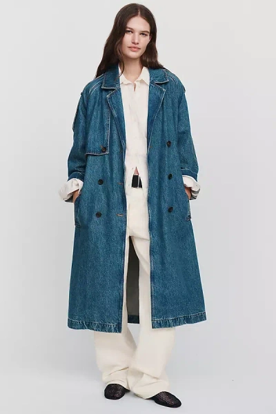 Anine Bing Rickie 100% Cotton Denim Trench Coat Jacket In Medium Wash