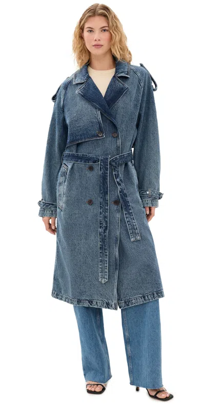 Anine Bing Rickie Double-breasted Belted Denim Coat In Blue