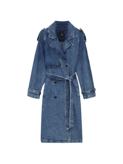 Anine Bing Rickie Double-breasted Belted Denim Coat In Blue