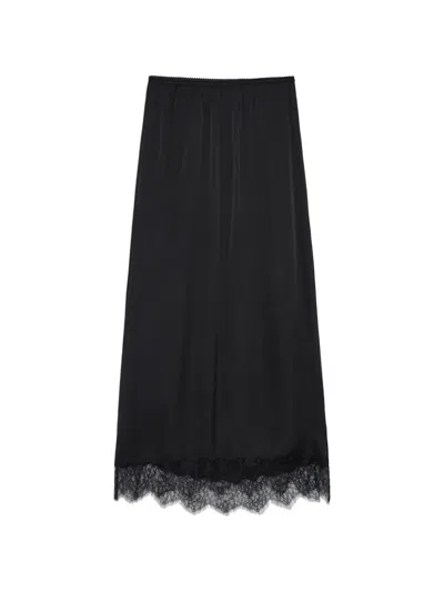 Anine Bing Womens Black Shelby Lace-trim Silk-blend Midi Skirt