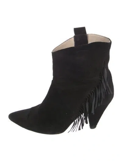 Pre-owned Anine Bing Suede Fringe Trim Accent Western Boots In Black