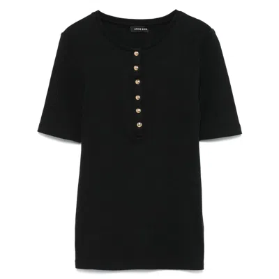Anine Bing Ribbed Texture Short Sleeved T Shirt With Button Detailing In Black
