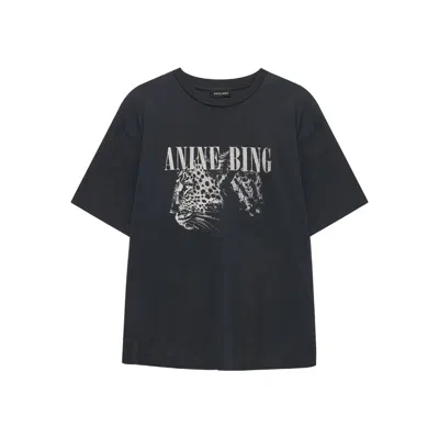 Anine Bing Washed Black T-shirt With Leopard Print In Gray