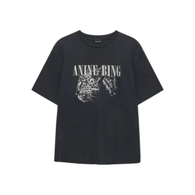 Anine Bing Washed Black T-shirt With Leopard Print In Gray