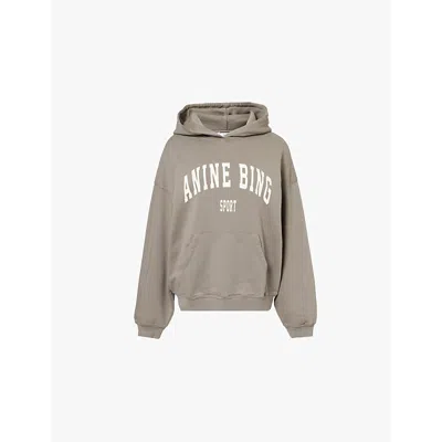 ANINE BING WOMENS DUST OLIVE HARVEY LOGO-PRINT RELAXED-FIT COTTON-JERSEY HOODY