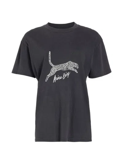 Anine Bing Walker Leopard-logo Organic Cotton T-shirt In Washed Black