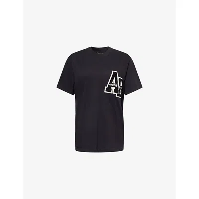 ANINE BING WOMENS BLACK LETTERMAN EMBROIDERED COTTON T-SHIRT XS