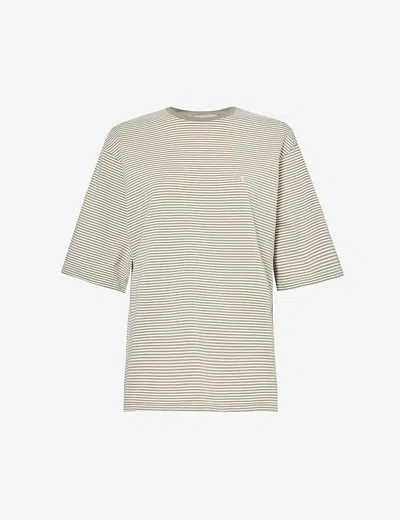 ANINE BING ANINE BING WOMEN'S OLIVE AND IVORY STRIPE BO STRIPED LOGO-EMBROIDERED STRETCH ORGANIC-COTTON T-SHIRT