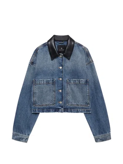 Anine Bing Cropped Denim Jacket Leather Collar Pockets In Animal Print