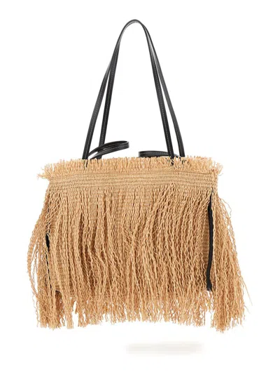 Anita Bilardi Beige Shopper With Hanging Fringes Design And Double Top Handle In Raffia Woman