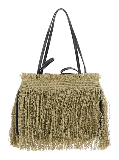ANITA BILARDI GREEN SHOPPER WITH HANGING FRINGES DESIGN AND DOUBLE TOP HANDLE