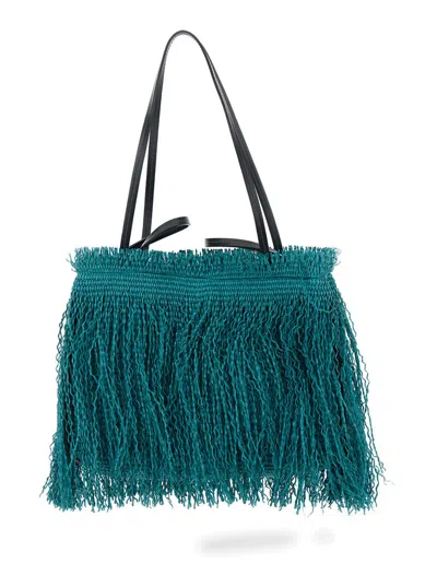 Anita Bilardi Green Shopper With Hanging Fringes Design And Double Top Handle In Raffia Woman