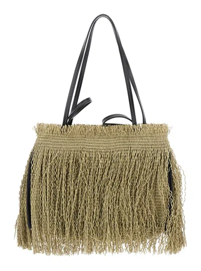 Anita Bilardi Green Shopper With Hanging Fringes Design And Double Top Handle In Raffia Woman