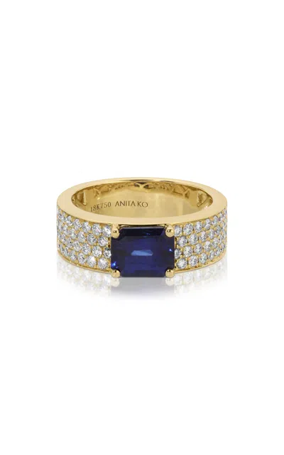 Anita Ko 18k Yellow Gold Wide Diamond Band With Emerald Cut Blue Sapphire Center