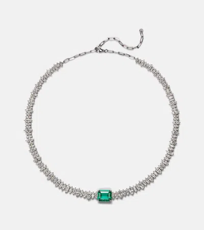 Anita Ko 18kt White Gold Choker With Diamonds And Emerald In Silver