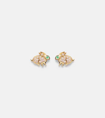 Anita Ko Bunny 18kt Gold Earrings With Diamonds And Emeralds In Burgundy