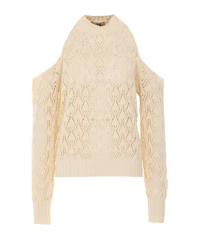 Aniye By Alena Open-shoulder Knitted Sweater In Brown