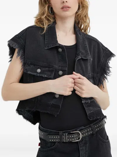Aniye By Frayed Sleeveless Denim Jacket In Black