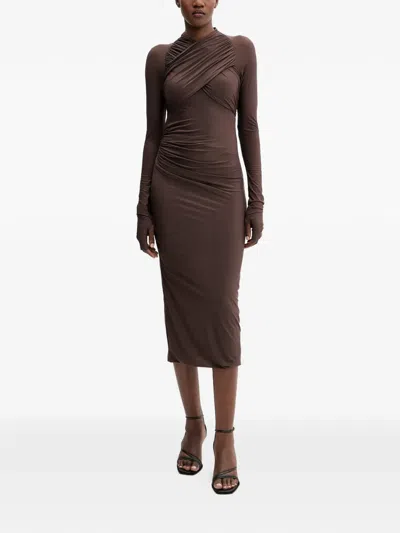 Aniye By Scandal Draped Long-sleeve Midi Dress In Brown