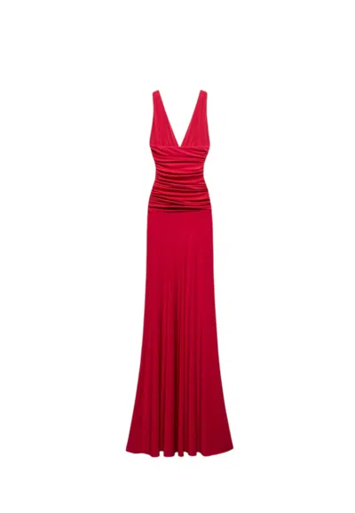 Aniye By V Women's Long Neck Dress  With Drapery In Red