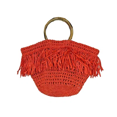 Anju Women's Santorini Fringe Bag With Wood Handle In Coral In Pink
