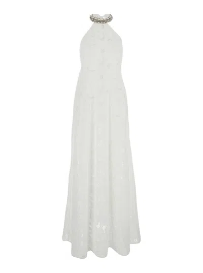 ANJUNA 'ISABEL' WHITE LONG DRESS WITH HALTERNECK AND ALL-OVER EMBROIDERY