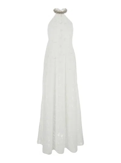 Anjuna 'isabel' White Long Dress With Halterneck And All-over Embroidery