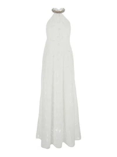 Anjuna Isabel White Long Dress With Halterneck And All-over Embroidery In Cotton Woman
