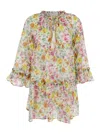 Shop Anjuna Lara Multicolor Short Dress With Ruched Sleeves And All-over Floral Motif In Cotton And Silk Blend W