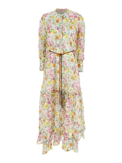 ANJUNA 'LEE' MULTICOLOR CREWNECK KAFTAN WITH ALL-OVER FLORAL MOTIF AND WAIST CORD
