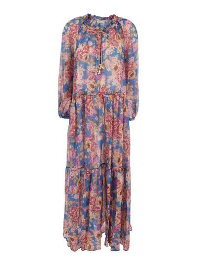 Anjuna Long Kaftan Dress Multicolor With Long Sleeves And V-neck In Cotton And Silk For Women In Gold