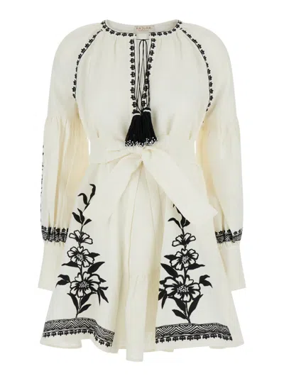 ANJUNA WHITE MINI DRESS WITH FLOREAL EMBROIDERY AND TASSELS IN LINEN WOMAN