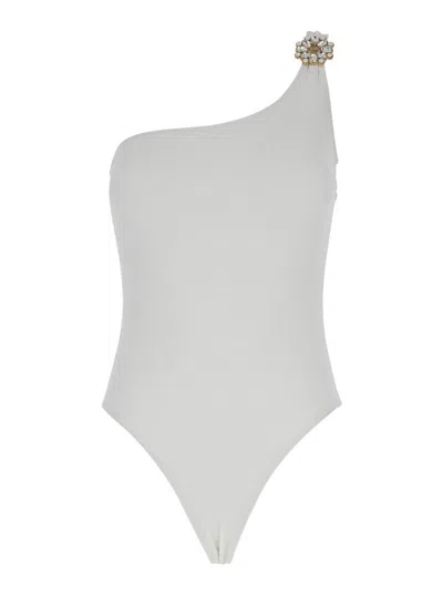 ANJUNA WHITE ONE-SHOULDER ONE-PIECE SWIMSUIT WITH RHINESTONE BROOCH DETAIL
