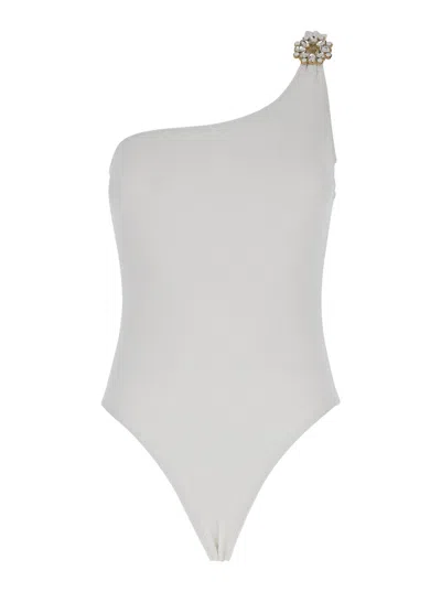 Anjuna White One-shoulder One-piece Swimsuit With Rhinestone Brooch Detail In Tech Fabric Woman