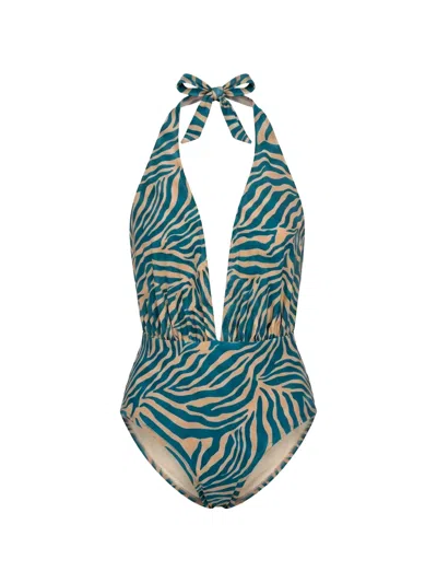 Anjuna Zebra-print Halterneck Swimsuit In Blue